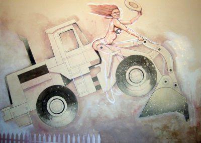 illustration of a woman in bikini riding on a front loader